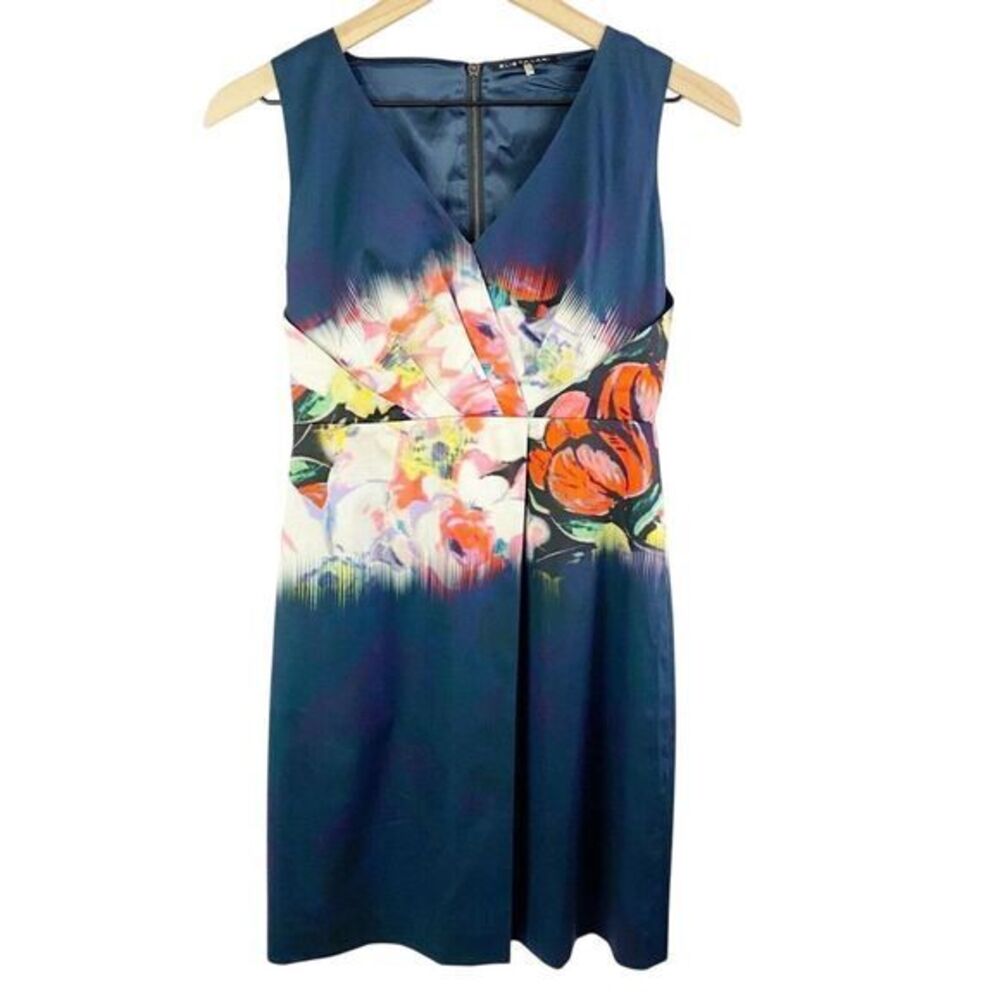 Elie Tahari Pleated Floral Print Sheath Dress Blue Size 0 Work Classic‎